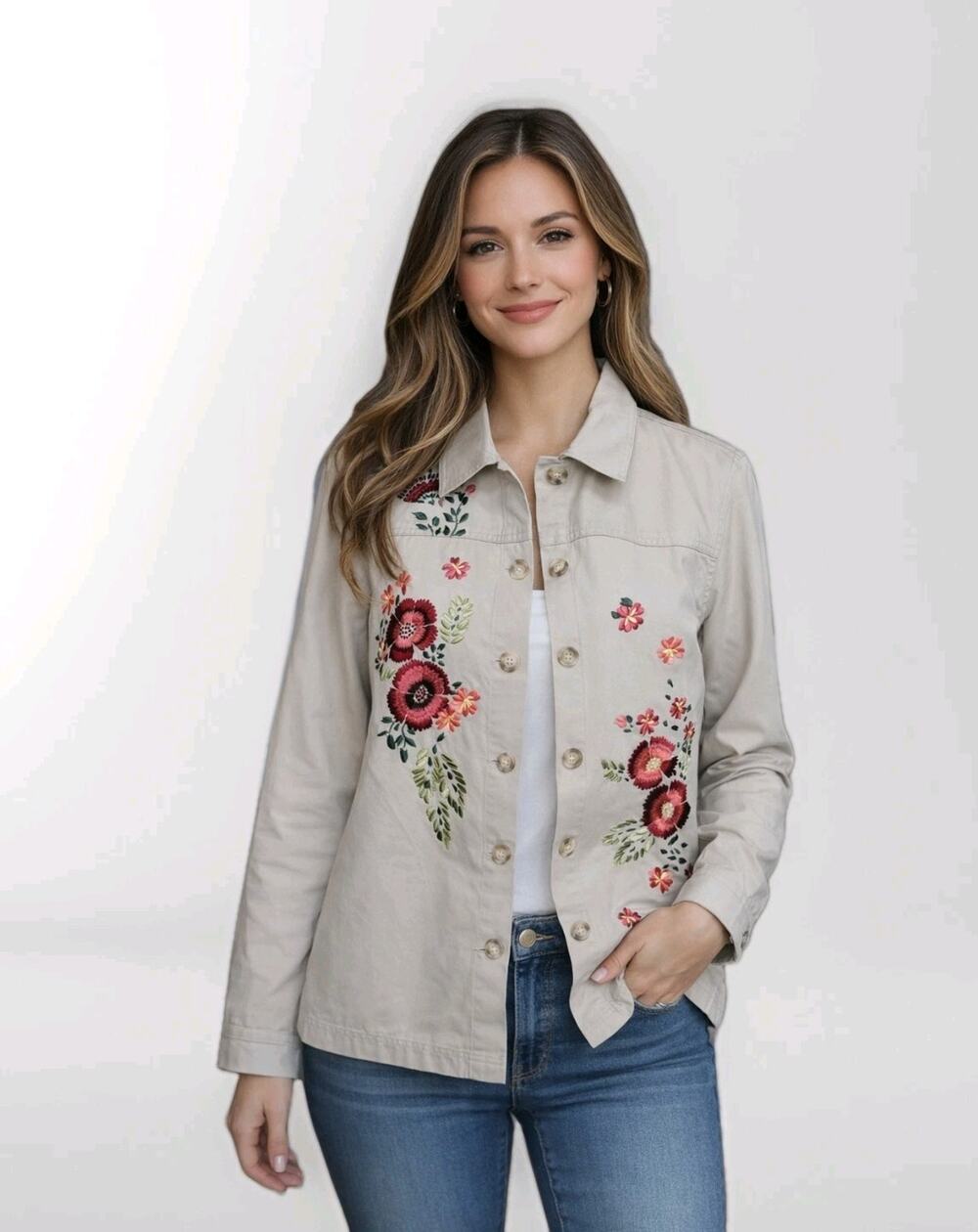 COLDWATER CREEK 100% Cotton Embroidered Jacket Fully Lined Beige Size Small Vtg